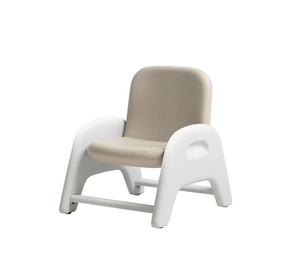 A white chair with a beige seat and backrest